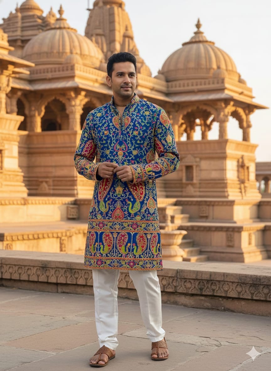 Bright color peacock designer embroidery printed crepe (perfect for mens Kurta )
