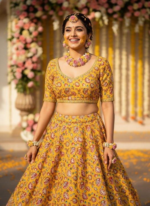 Mustard color floral embroidery print natural crepe ( perfect for haldi)