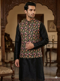 Black color floral embroidery print natural crepe (perfect for mens koti )