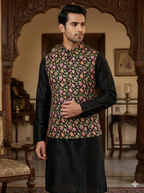 Black color floral embroidery print natural crepe (perfect for mens koti )