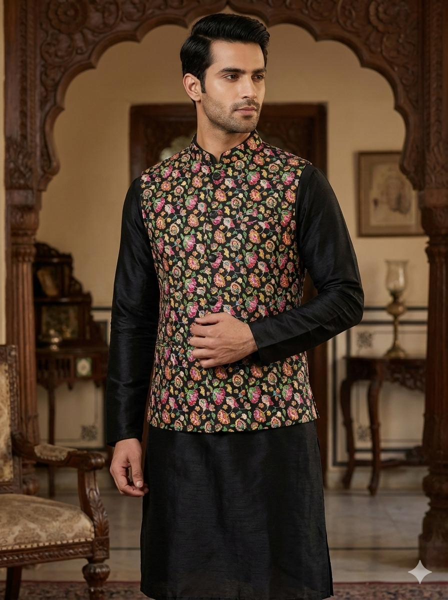 Black color floral embroidery print natural crepe (perfect for mens koti )