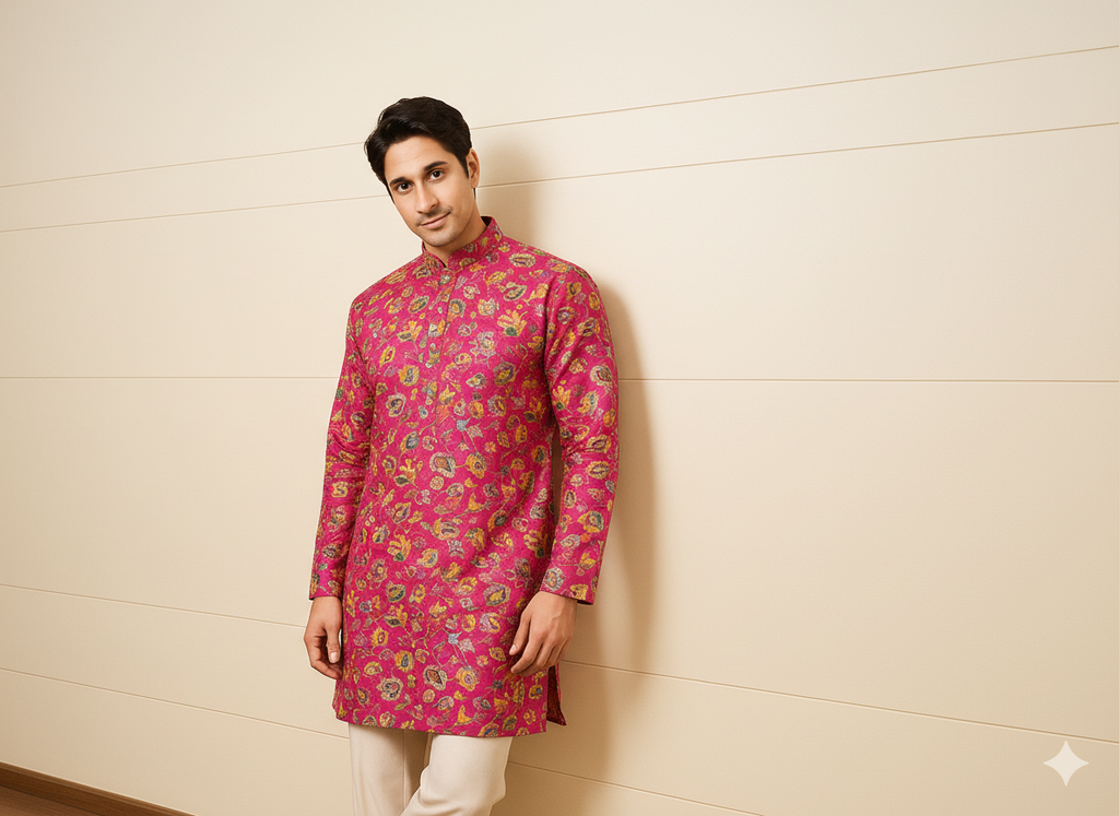 Rani color floral embroidery print natural crepe ( perfect for mens Kurta )