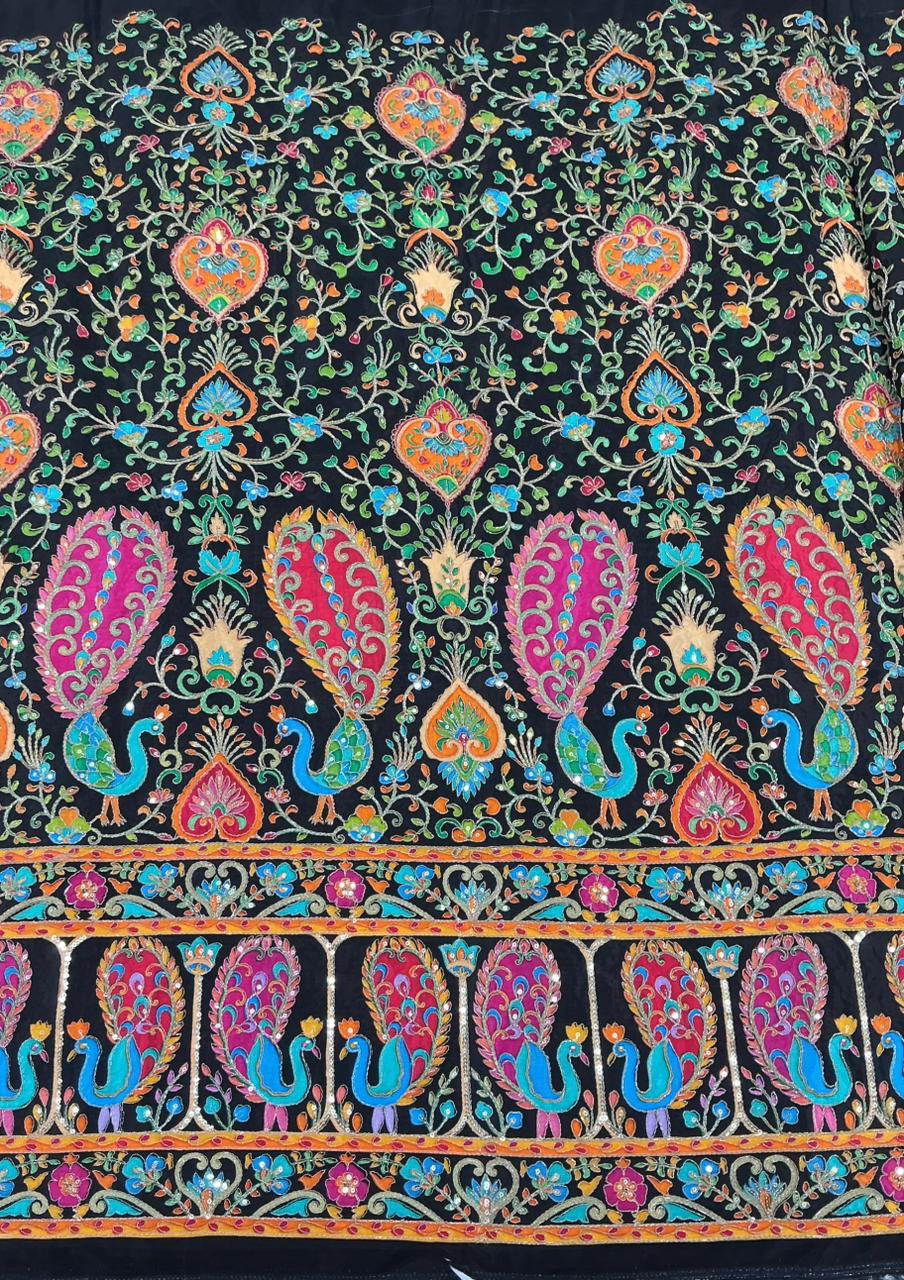 Black color Rajwadi Embroidery Position Printed Fabric 48 Inch width ( only fabric )