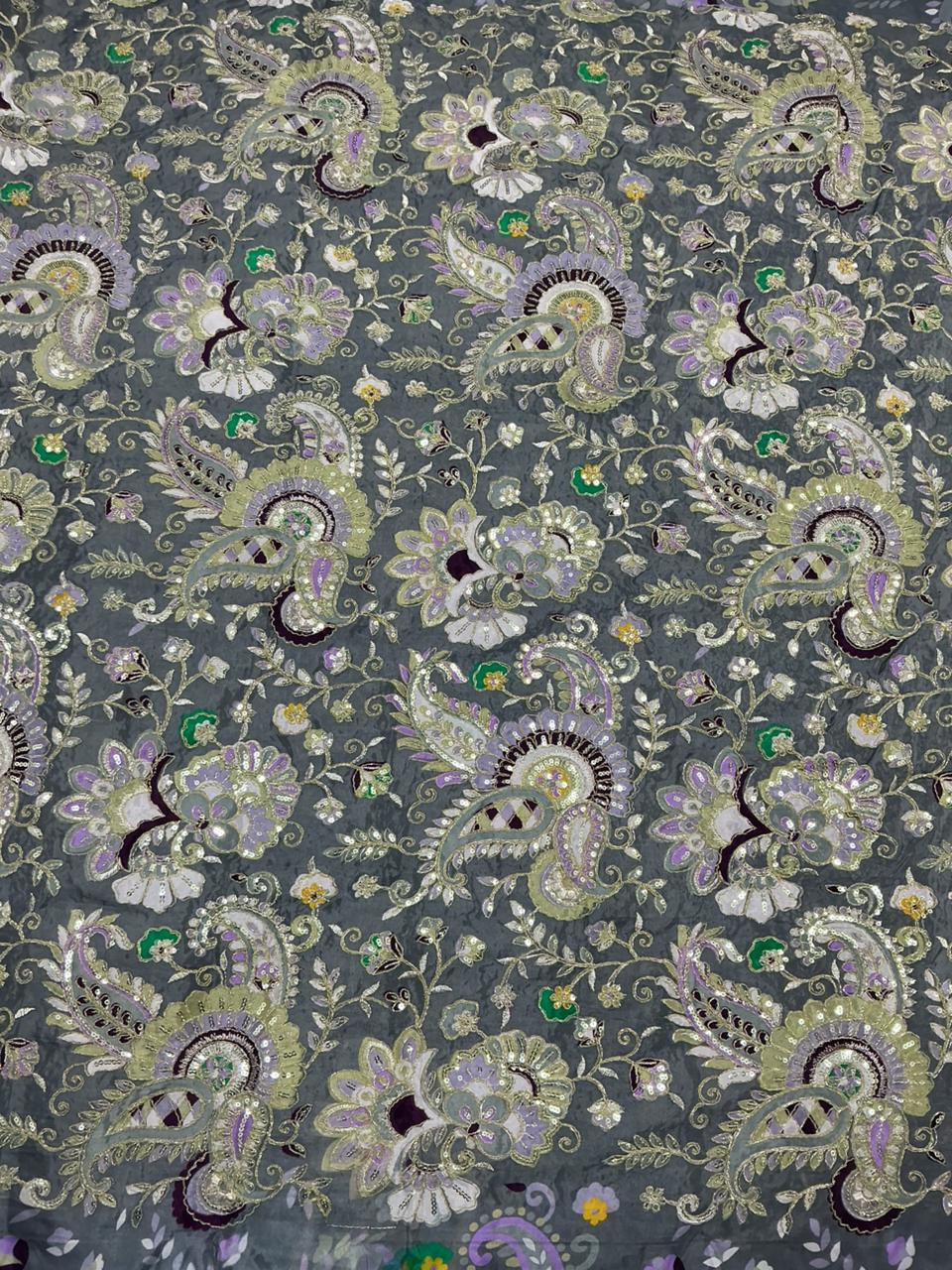 Natural Crepe Rajwadi Dori Embroidery Posittipn Print fabric ( only fabric )