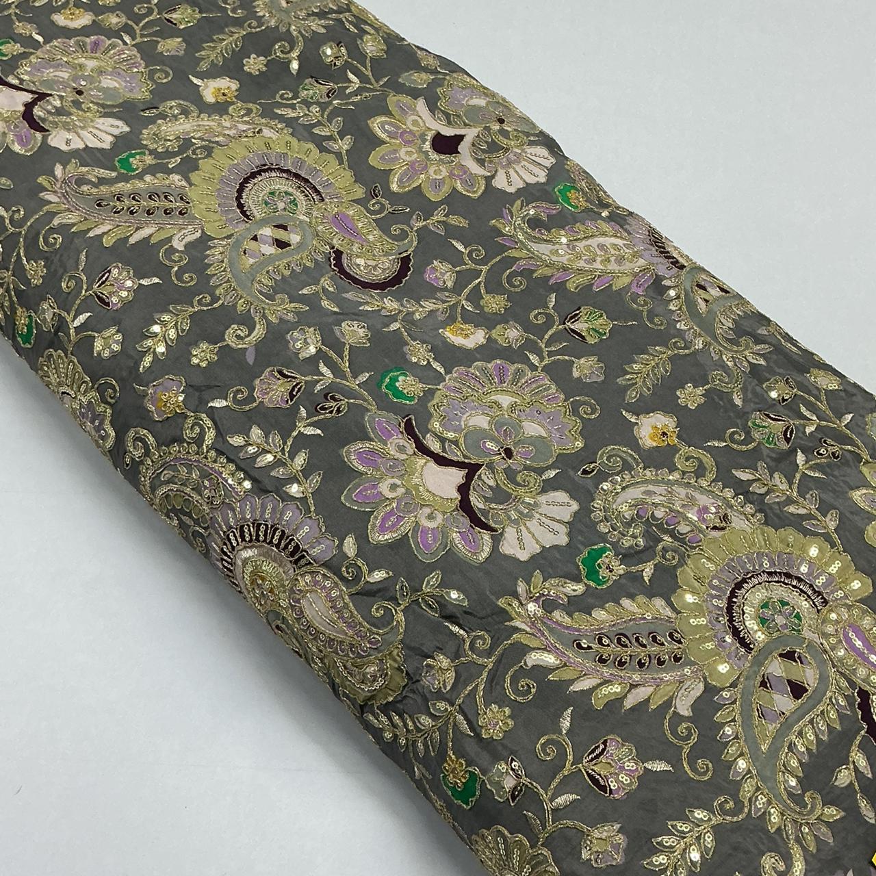 Silver Color Natural Crepe Rajwadi Dori Embroidery Position Print fabric 44 inch width ( only fabric )