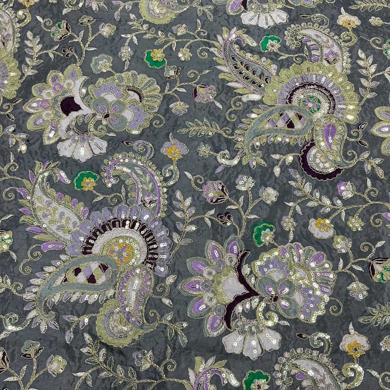 Natural Crepe Rajwadi Dori Embroidery Posittipn Print fabric ( only fabric )