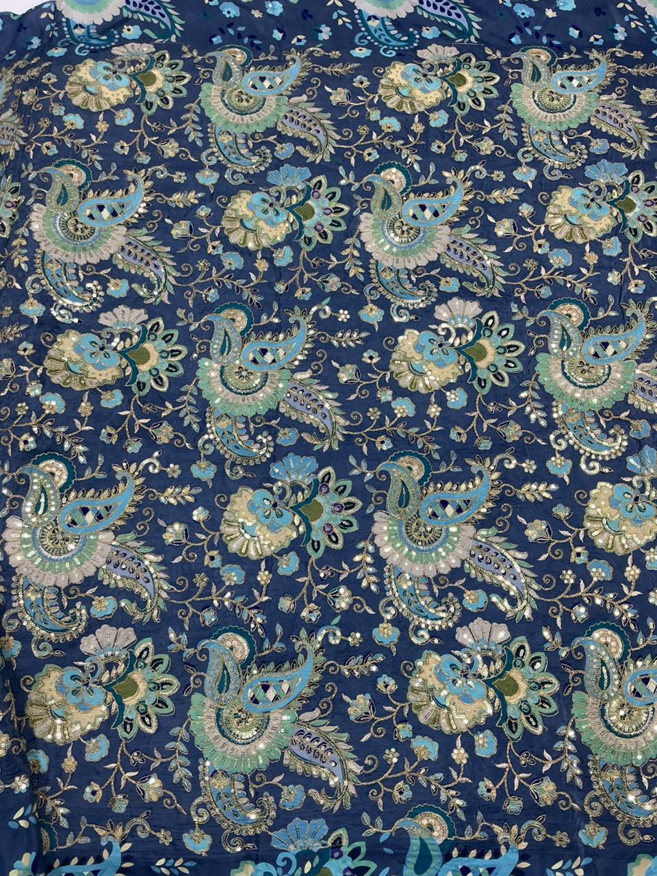 Natural Crepe Rajwadi Dori Embroidery Posittipn Print fabric For Men's kurta ( only fabric )