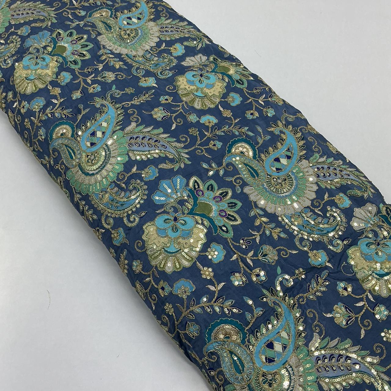 Natural Crepe Rajwadi Dori Embroidery Posittipn Print fabric For Men's kurta ( only fabric )