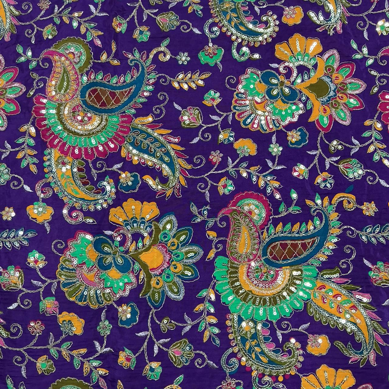 Natural Crepe Rajwadi Dori Embroidery Posittipn Print fabric for Wedding Kurti