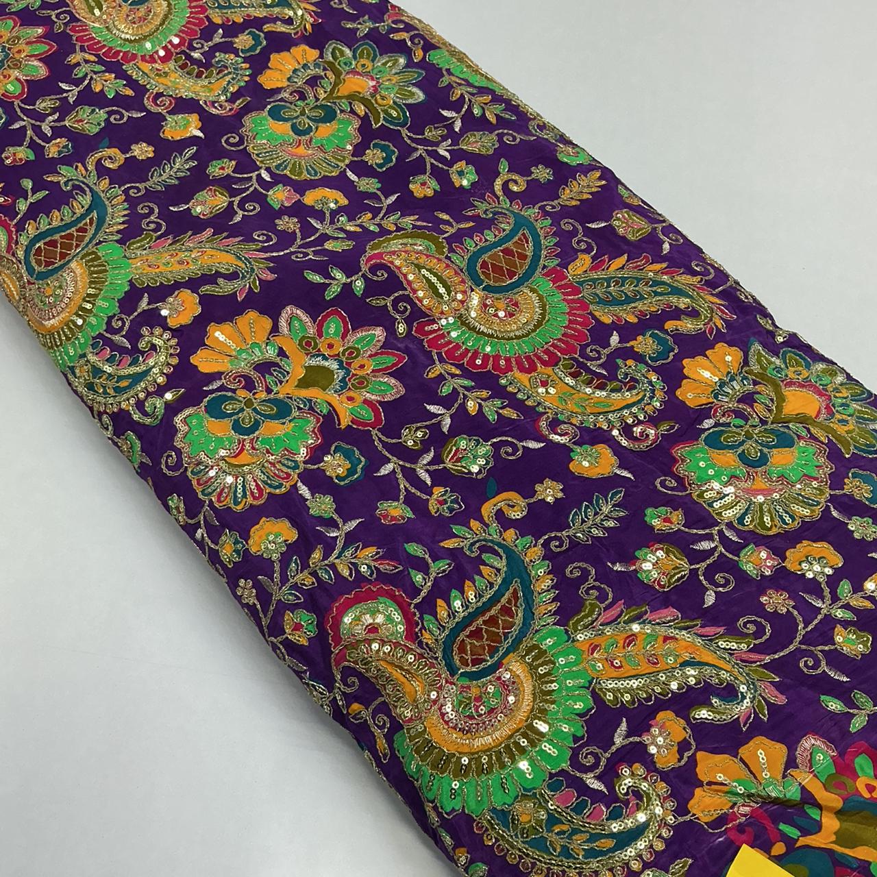 Natural Crepe Rajwadi Dori Embroidery Posittipn Print fabric for Wedding Kurti