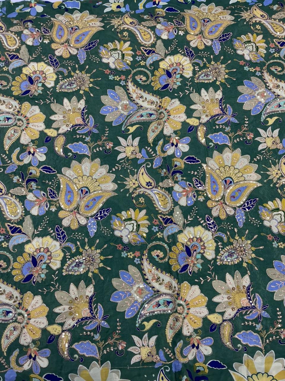 Pure Crepe Rajwadi embroidery Work Position Print Gown Dress Fabric For weddings