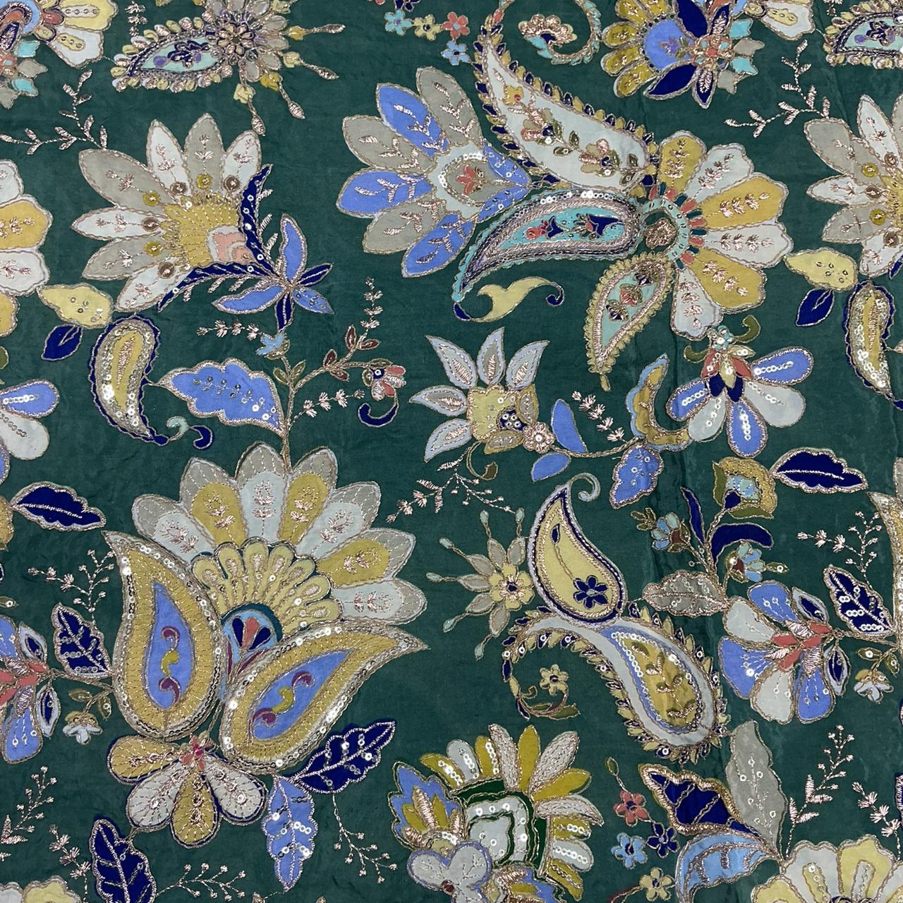 Pure Crepe Rajwadi embroidery Work Position Print Gown Dress Fabric For weddings