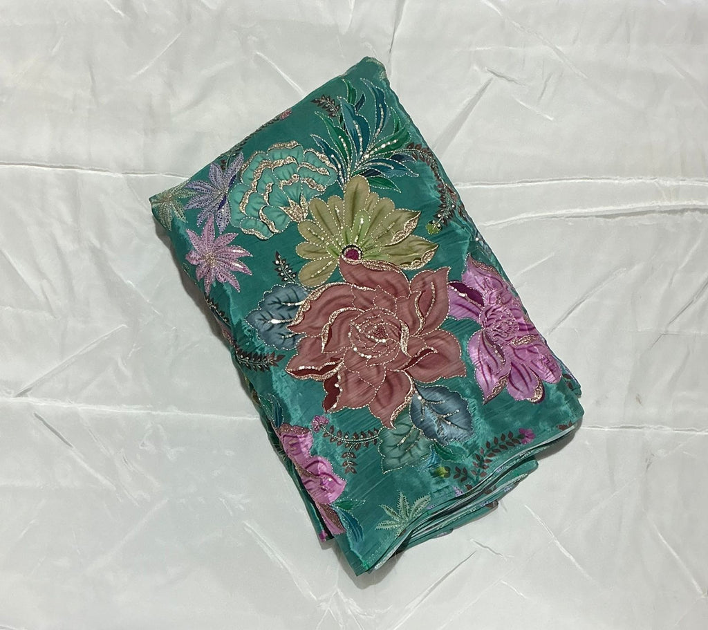 Zari with Sequins Floral Positional Print On  Pure Crepe Fabric