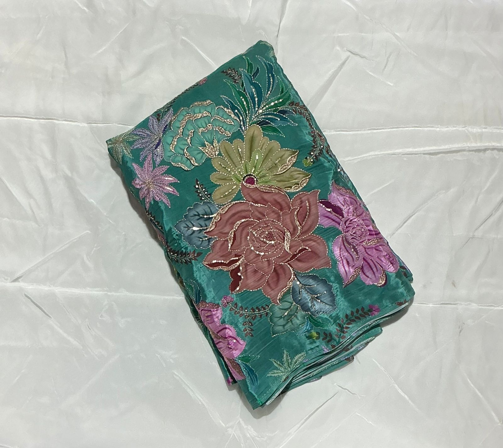 Zari with Sequins Floral Positional Print On  Pure Crepe Fabric