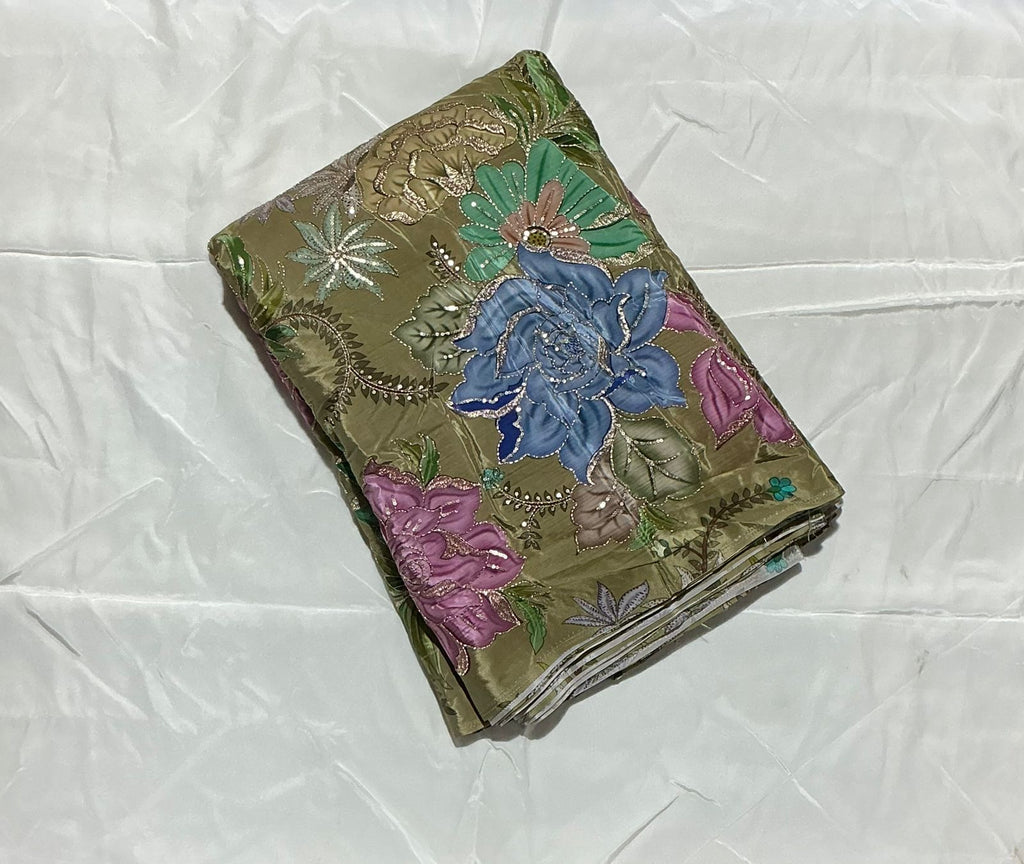 Zari with Sequins Floral Positional Print On  Pure Crepe Fabric