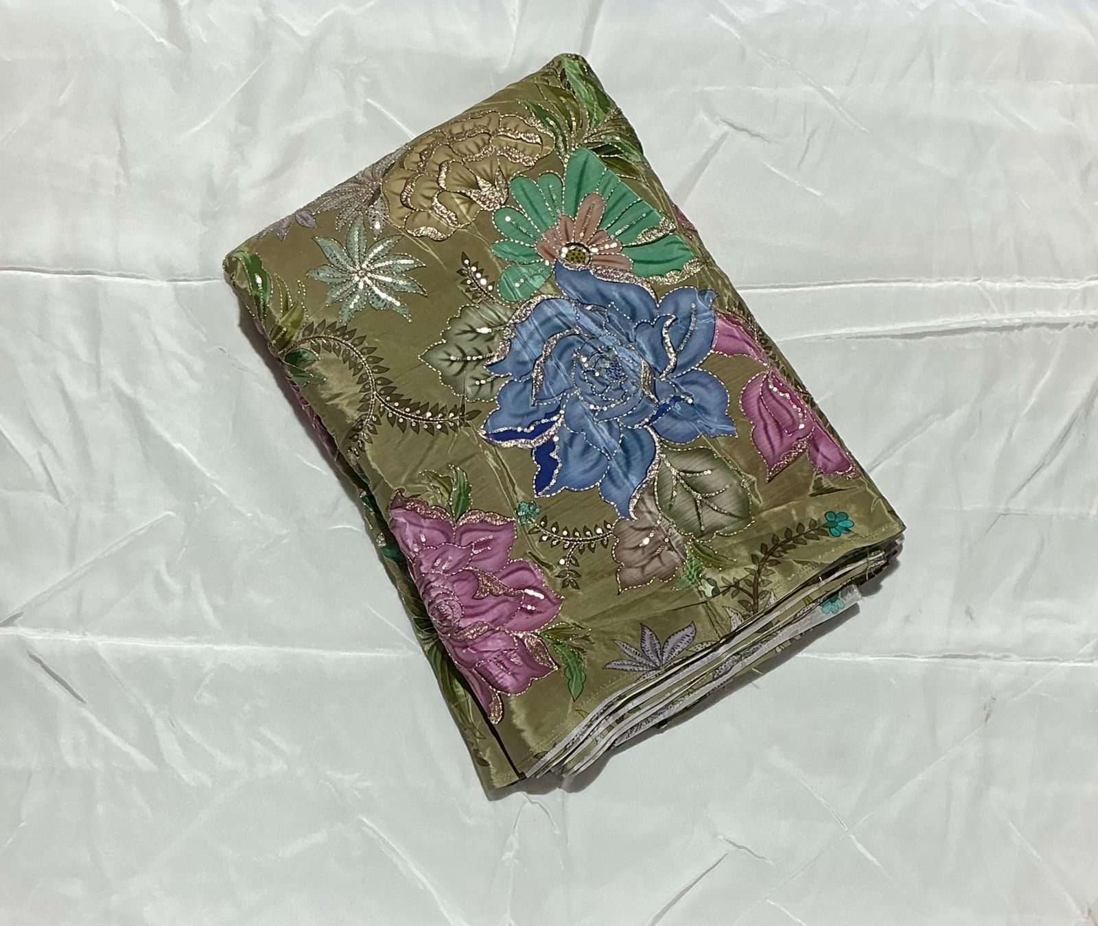 Zari with Sequins Floral Positional Print On  Pure Crepe Fabric