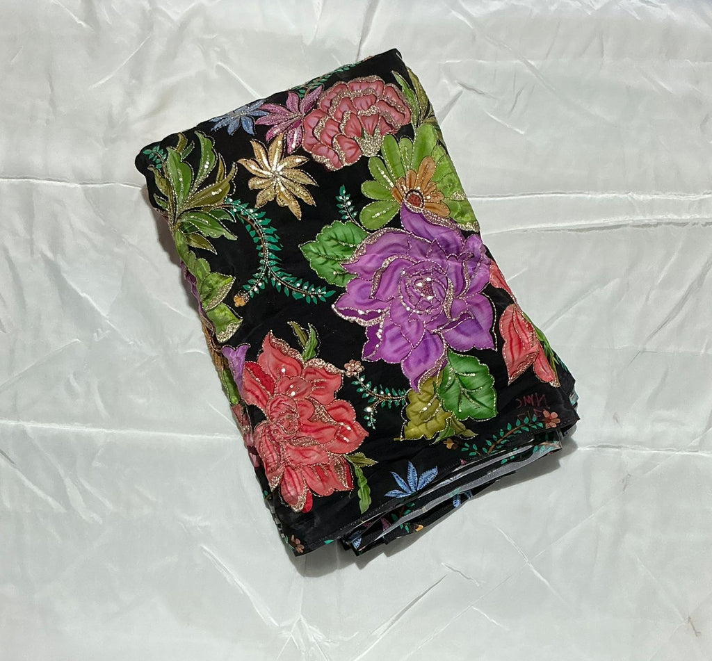 Zari with Sequins Floral Positional Print On  Pure Crepe Fabric