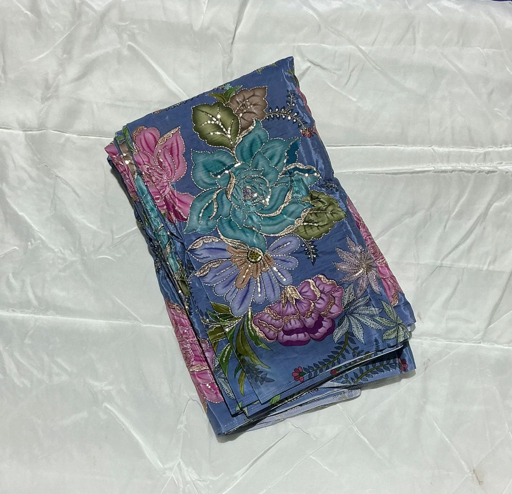Zari with Sequins Floral Positional Print On  Pure Crepe Fabric