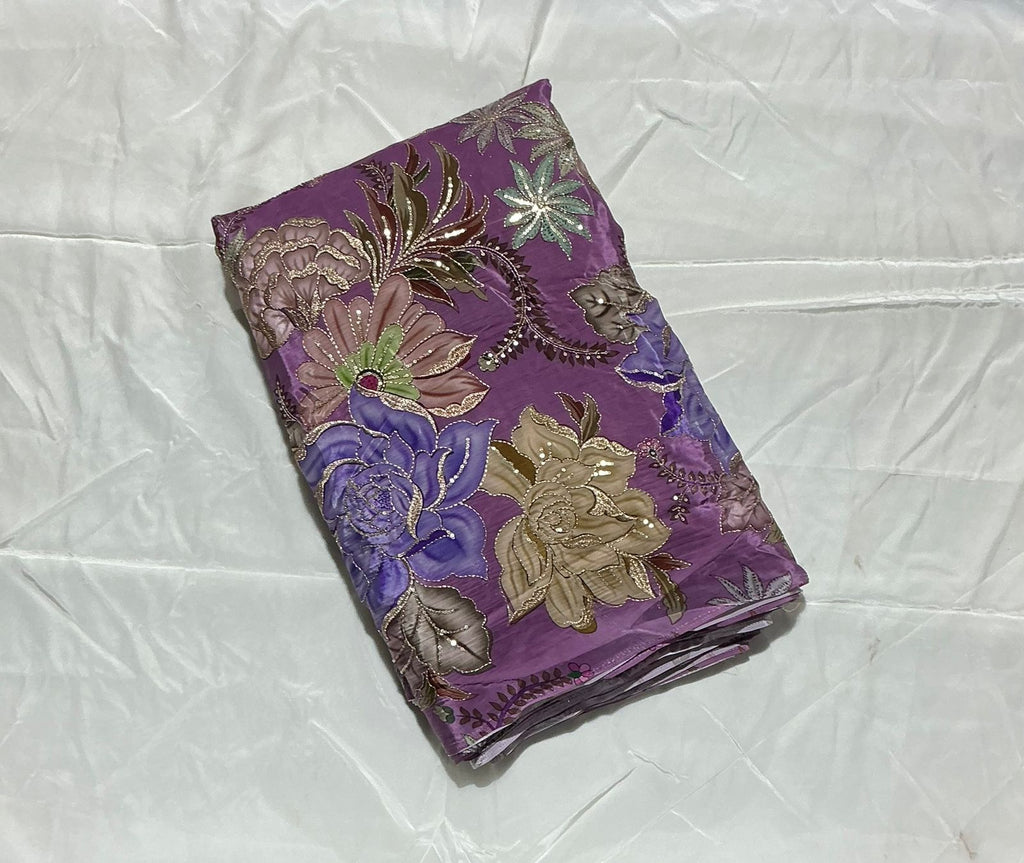 Zari with Sequins Floral Positional Print On  Pure Crepe Fabric