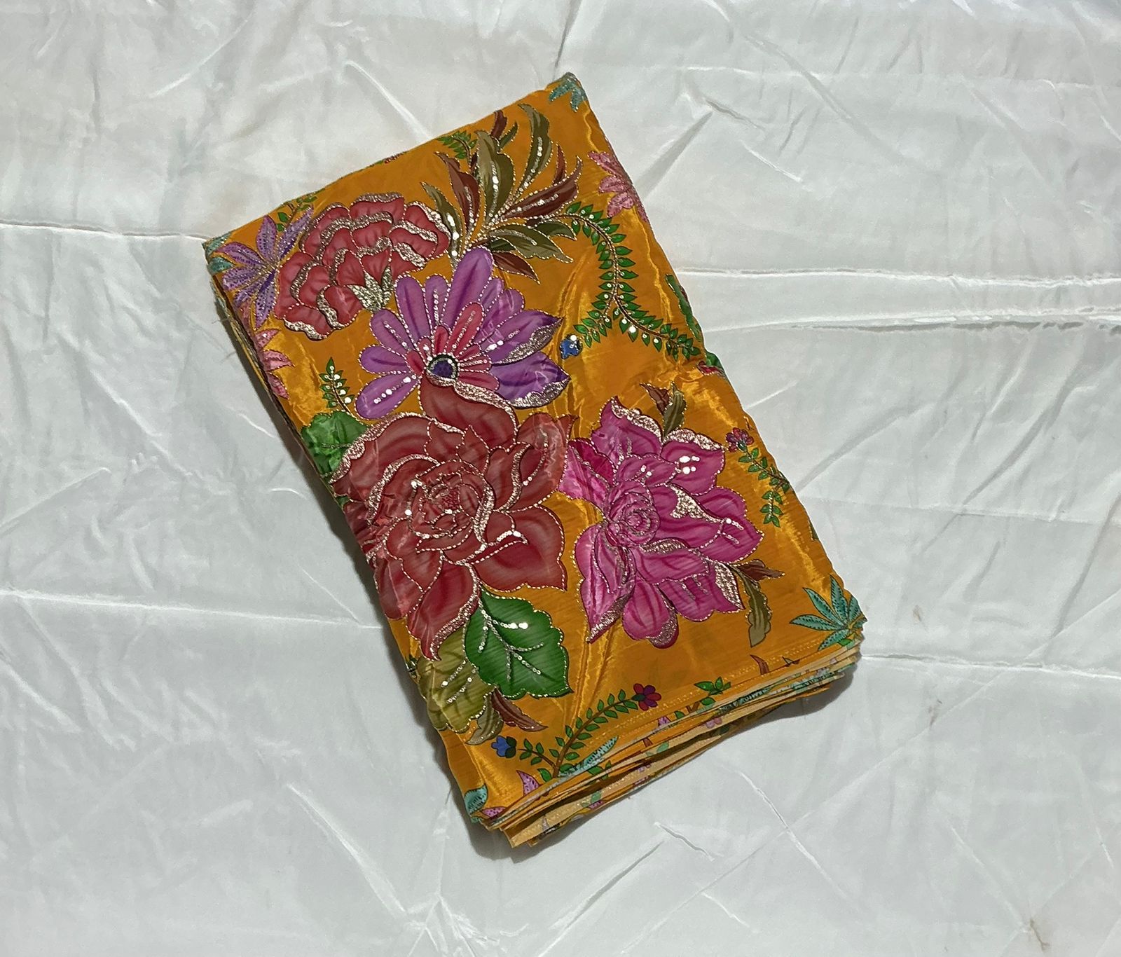 Zari with Sequins Floral Positional Print On  Pure Crepe Fabric