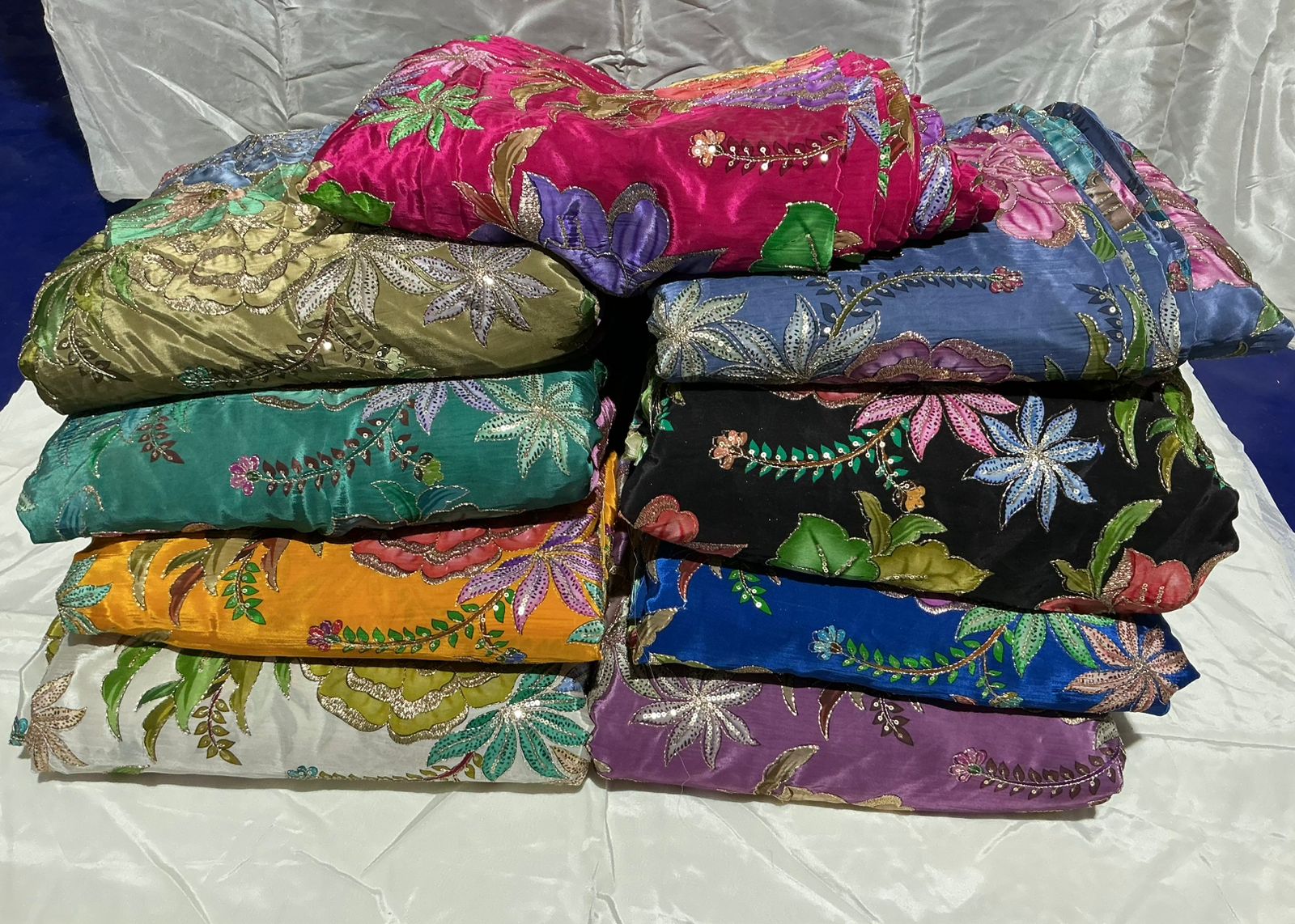 Zari with Sequins Floral Positional Print On  Pure Crepe Fabric