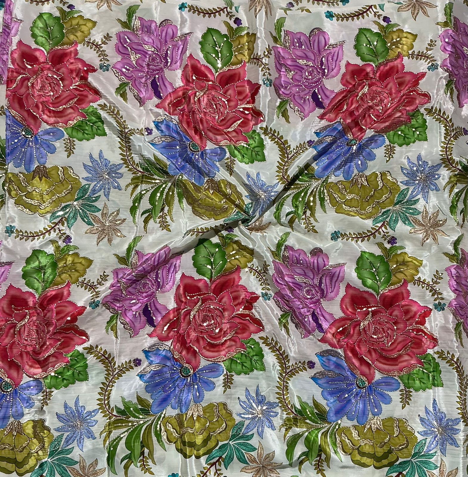 Zari with Sequins Floral Positional Print On  Pure Crepe Fabric