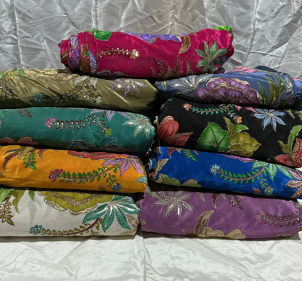 Zari with Sequins Floral Positional Print On  Pure Crepe Fabric