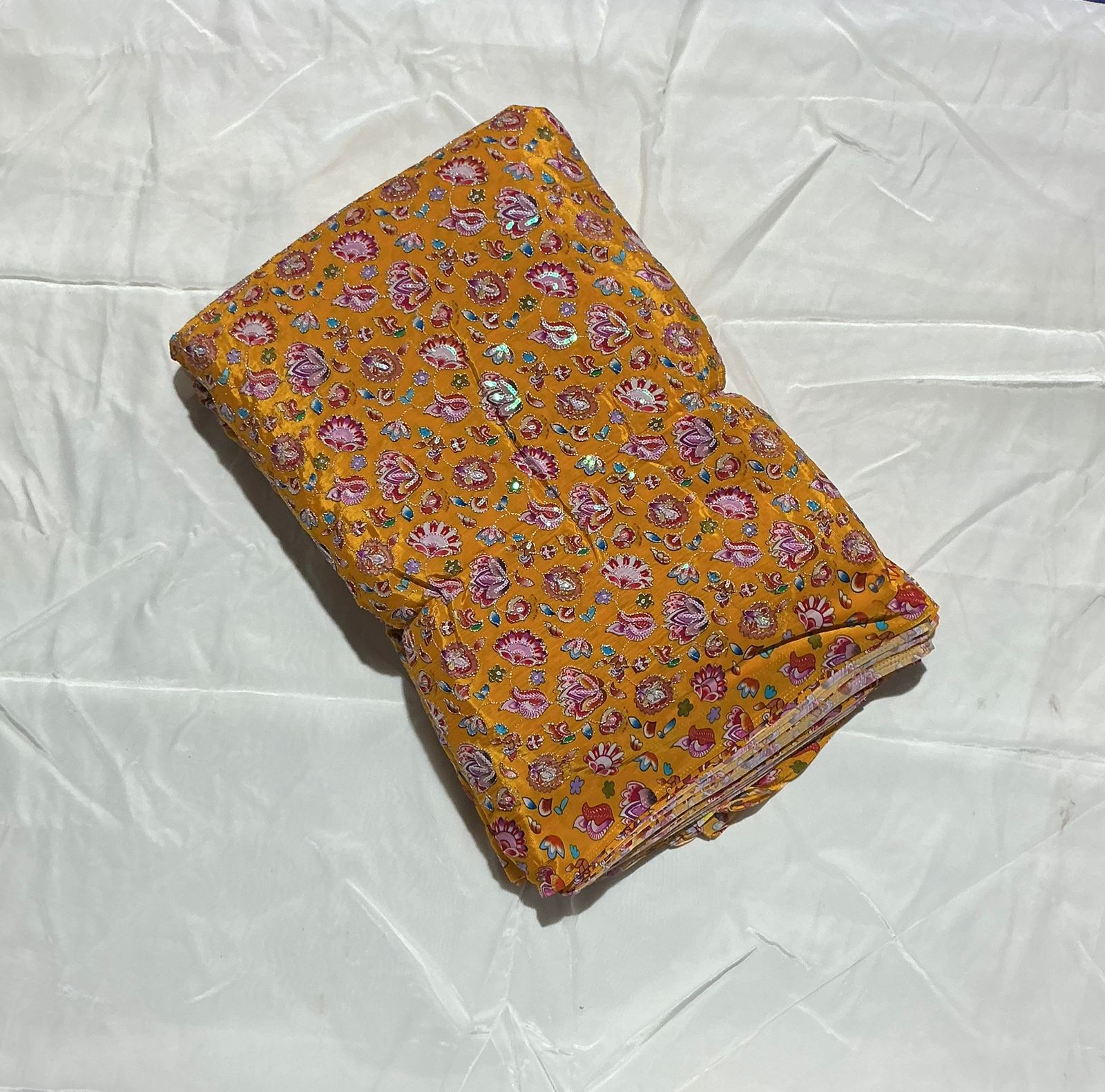 Small Floral embroidery worked position printed natural crepe fabric 5 color set