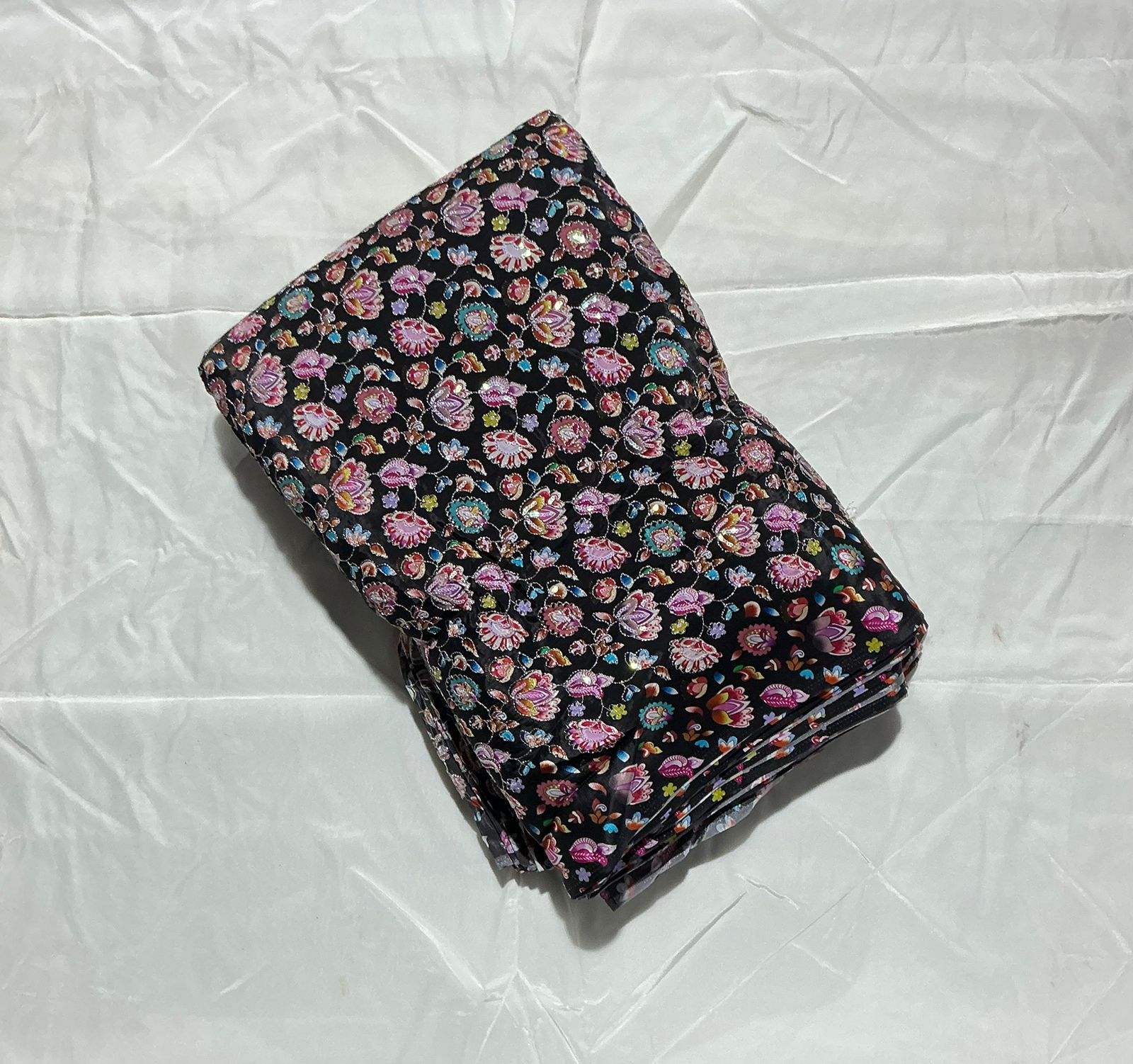 Small Floral embroidery worked position printed natural crepe fabric 5 color set