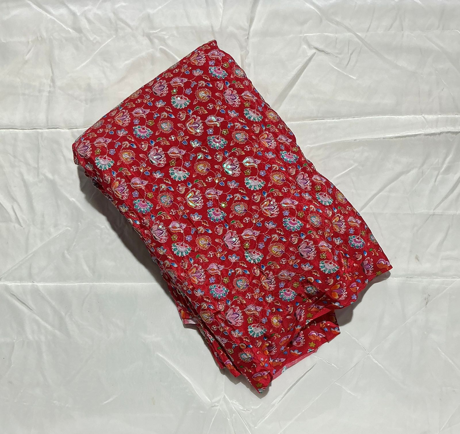Small Floral embroidery worked position printed natural crepe fabric 5 color set