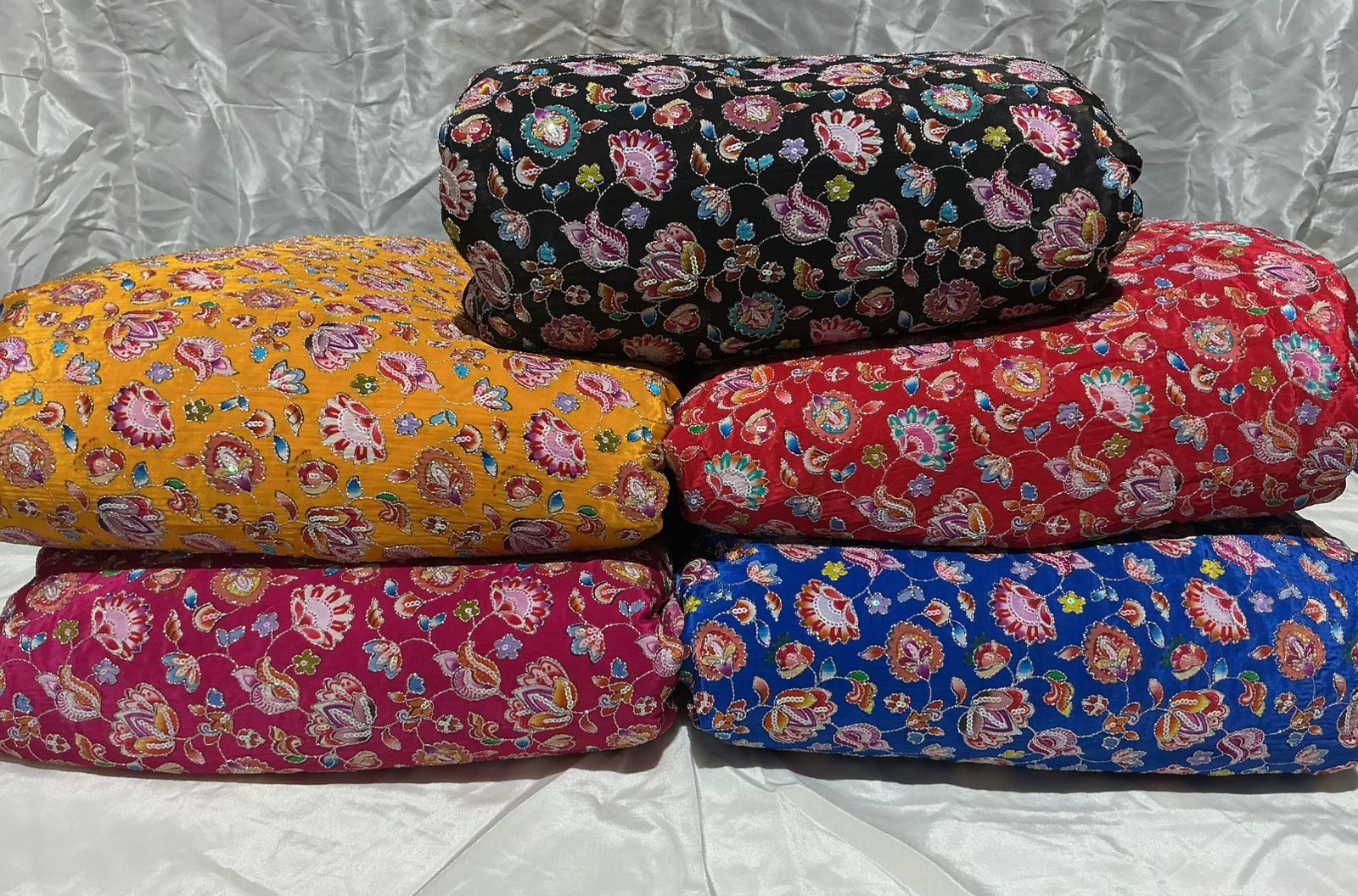 Small Floral embroidery worked position printed natural crepe fabric 5 color set