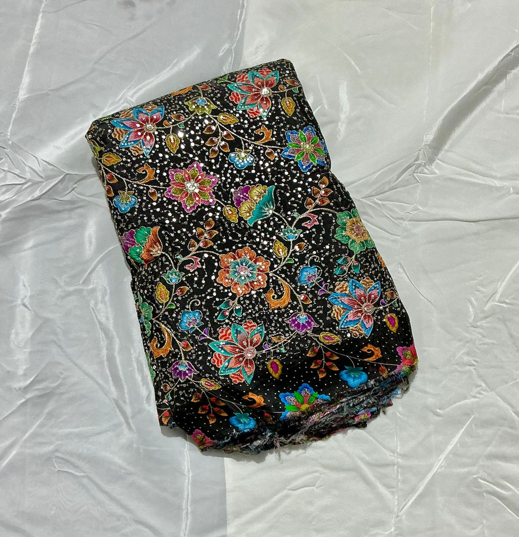 Multi Sequins With Zari Position Print On Pure Crepe Fabric