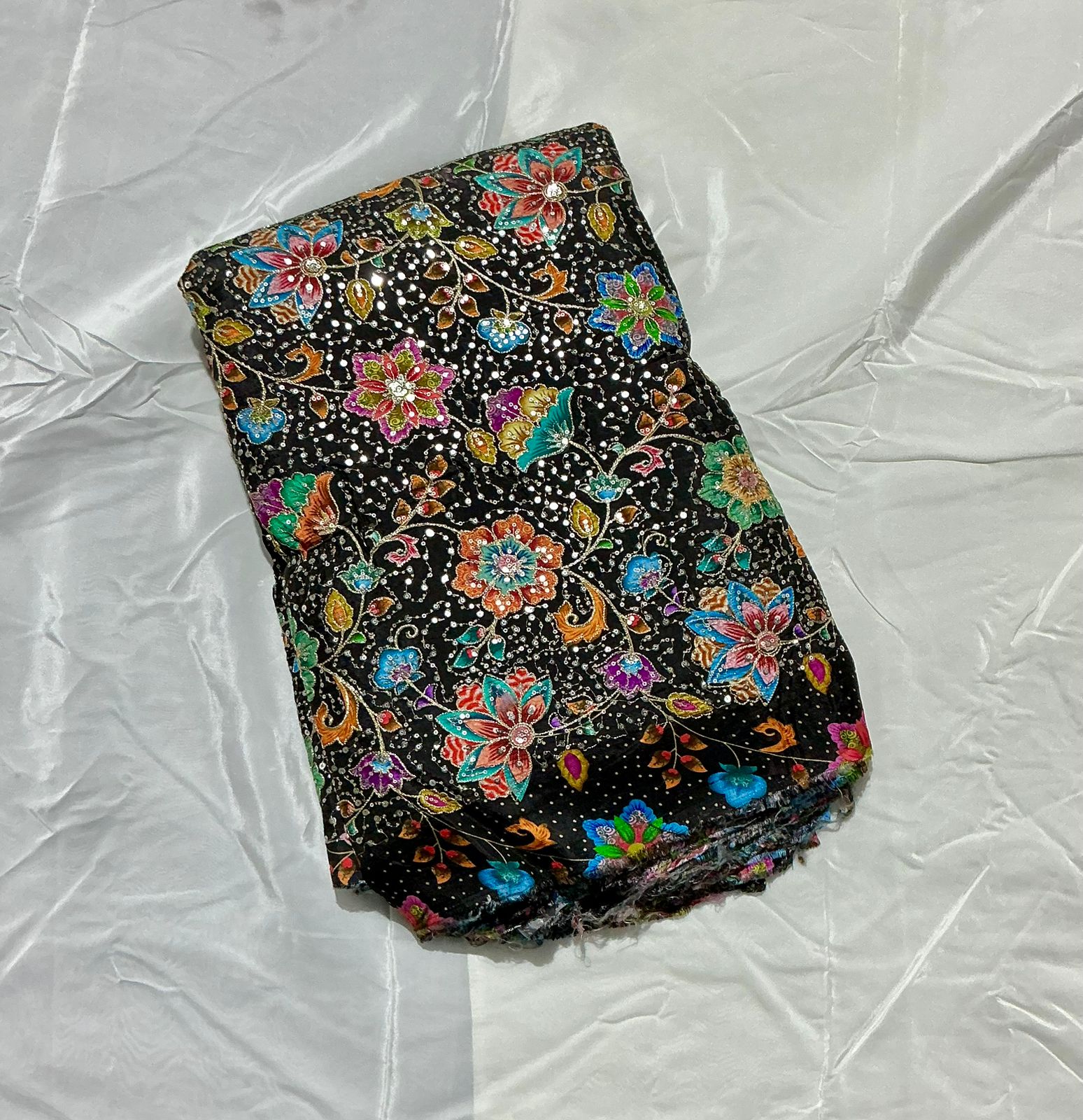 Multi Sequins With Zari Position Print On Pure Crepe Fabric