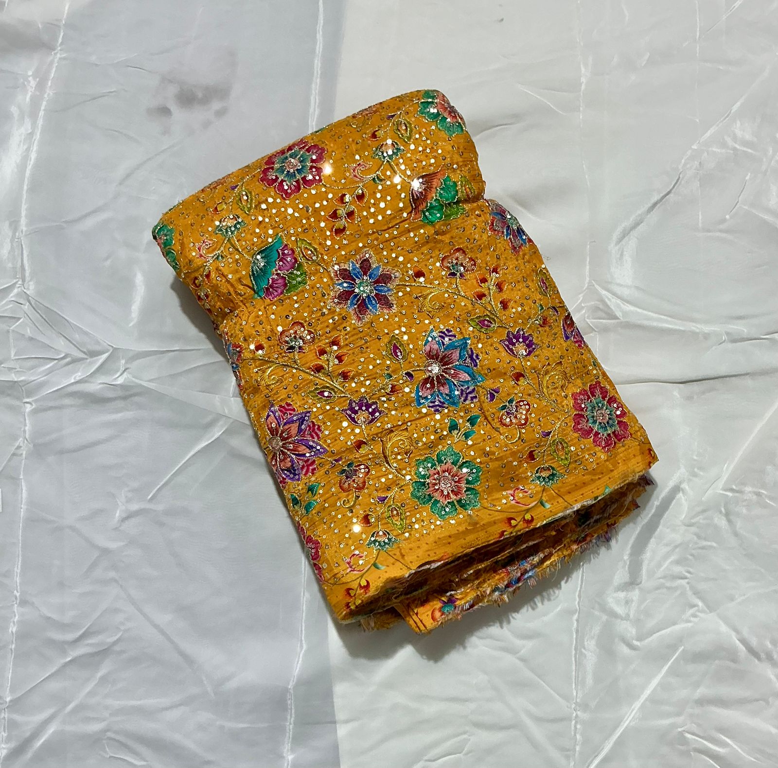 Multi Sequins With Zari Position Print On Pure Crepe Fabric