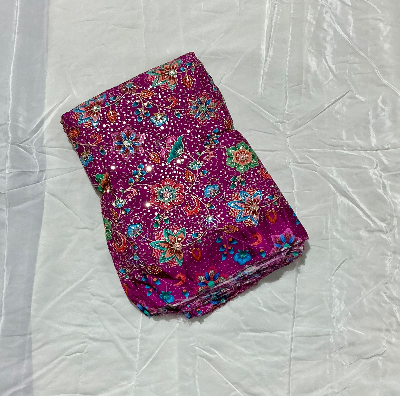 Multi Sequins With Zari Position Print On Pure Crepe Fabric