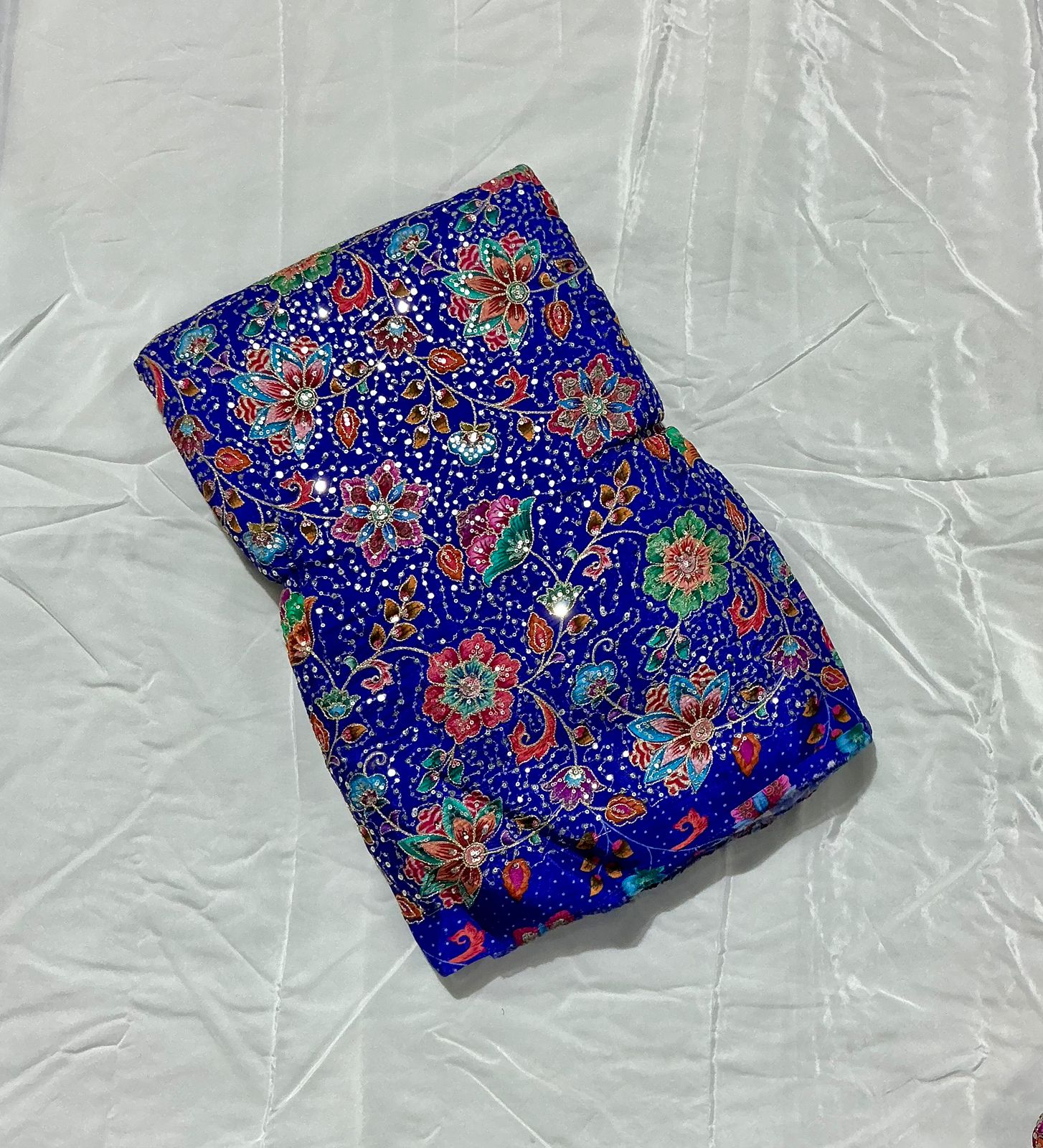 Multi Sequins With Zari Position Print On Pure Crepe Fabric