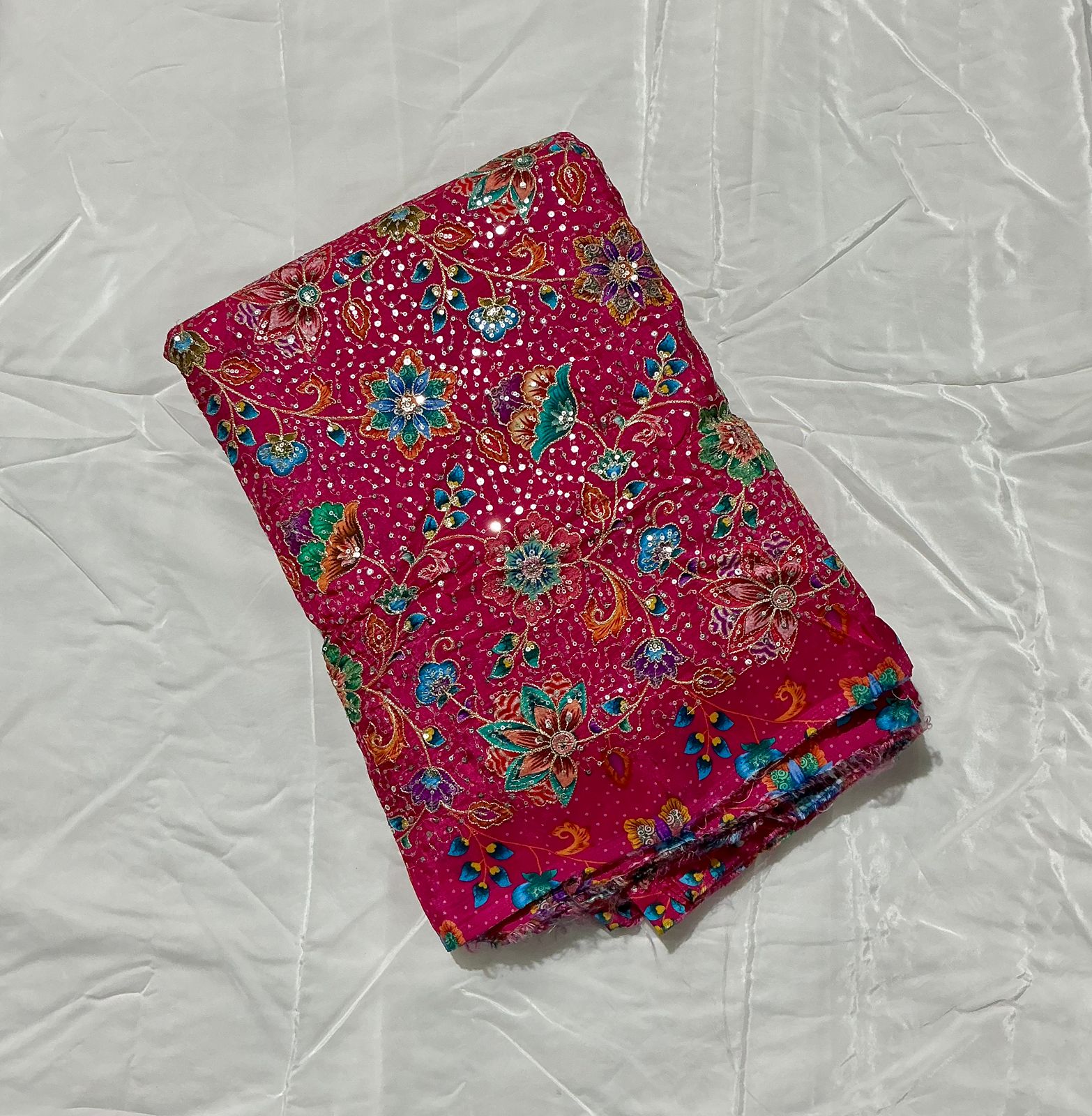 Multi Sequins With Zari Position Print On Pure Crepe Fabric