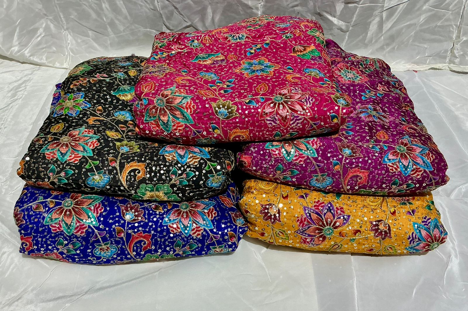 Multi Sequins With Zari Position Print On Pure Crepe Fabric