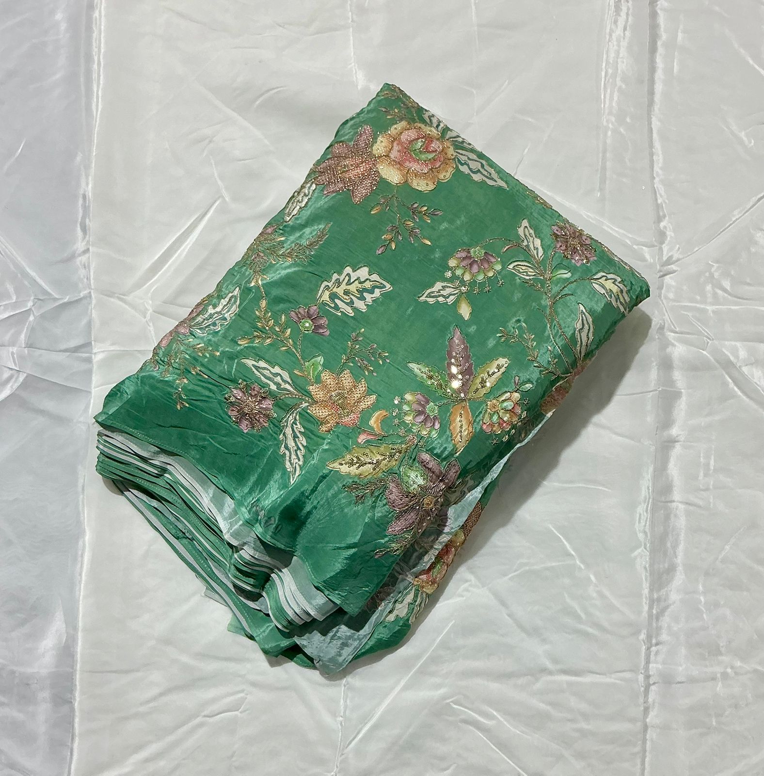 Floral Positional Print Zari Sequins Embroidered Crepe Fabric