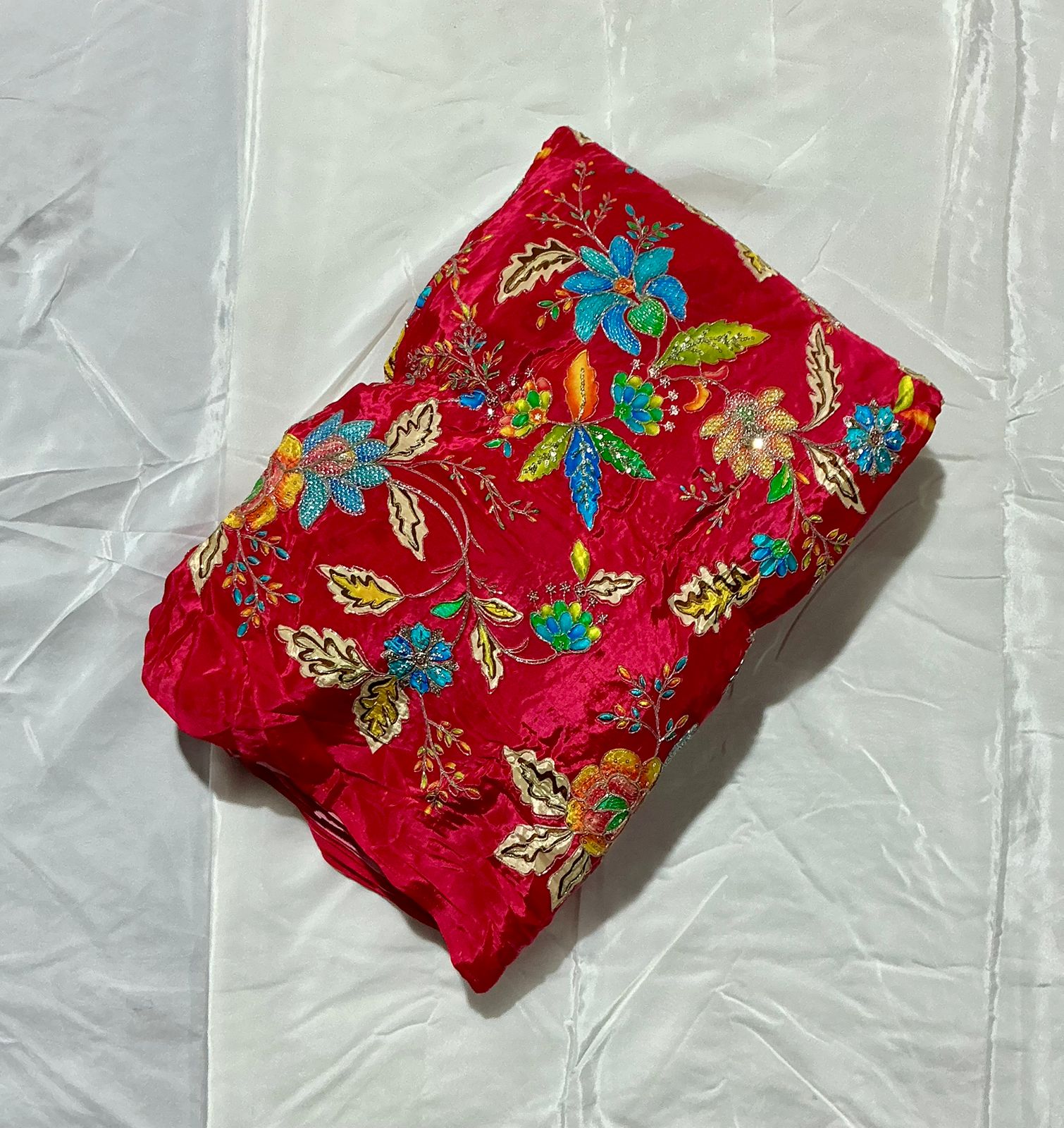 Floral Positional Print Zari Sequins Embroidered Crepe Fabric