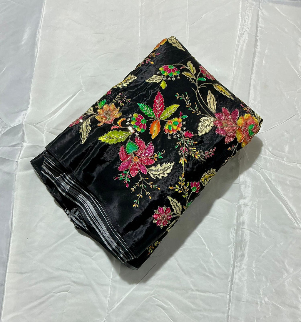 Floral Positional Print Zari Sequins Embroidered Crepe Fabric