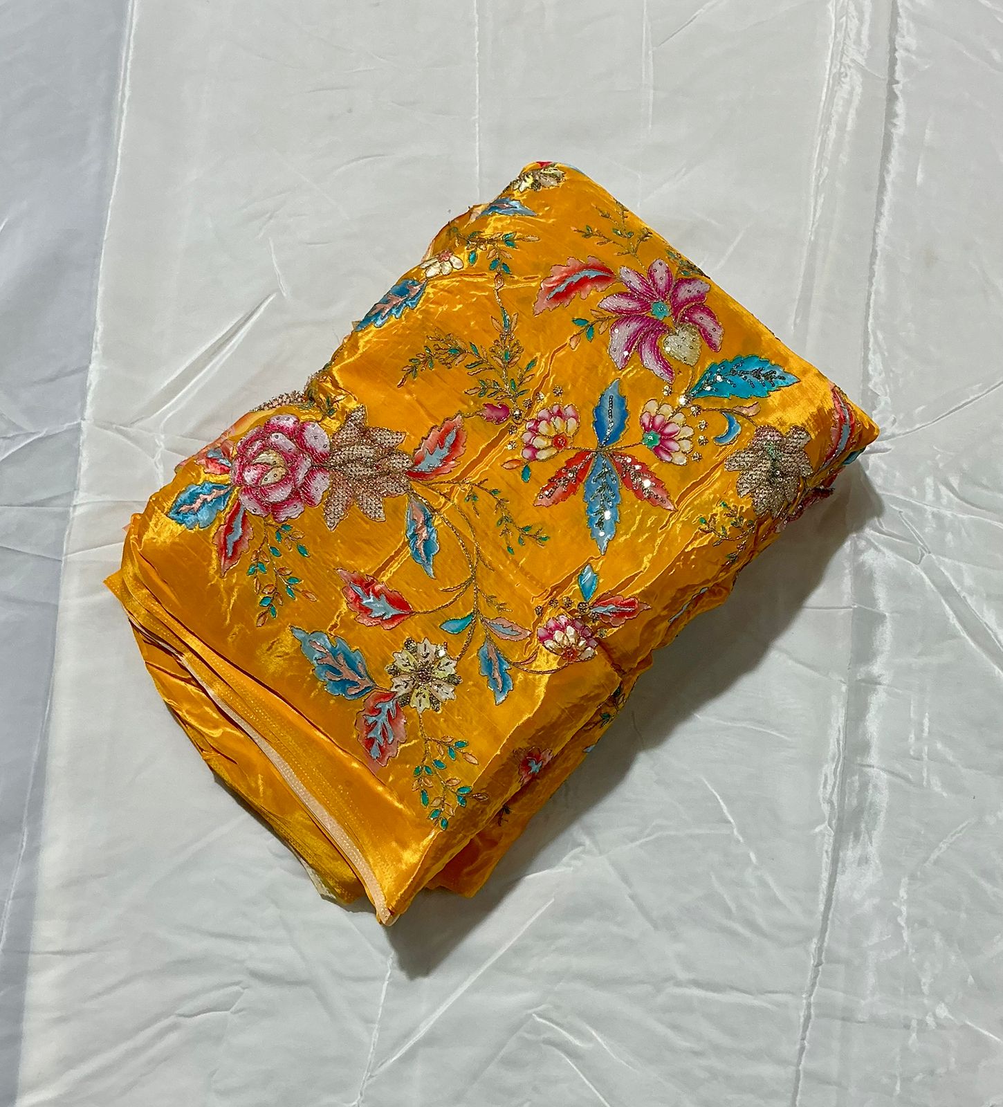 Floral Positional Print Zari Sequins Embroidered Crepe Fabric
