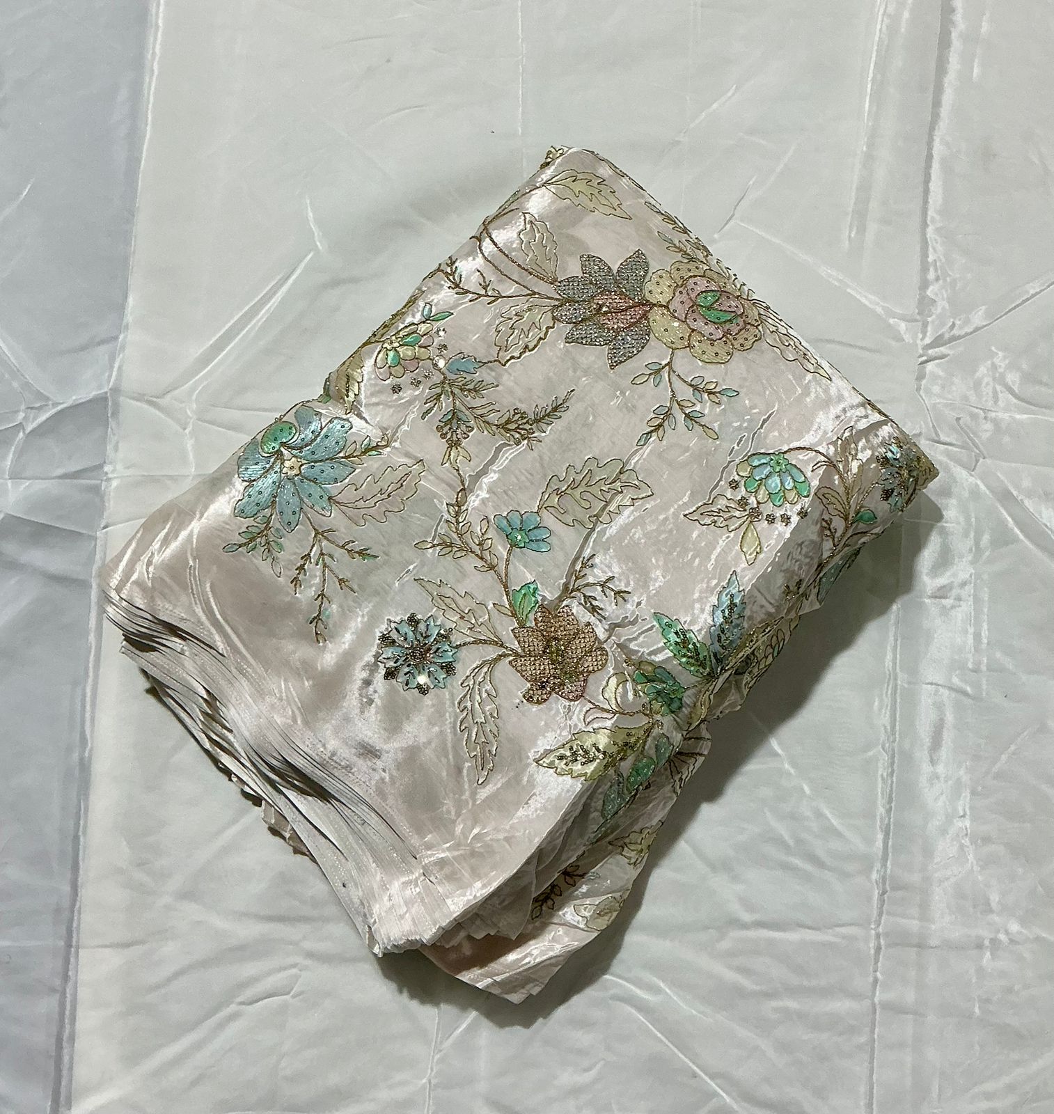Floral Positional Print Zari Sequins Embroidered Crepe Fabric