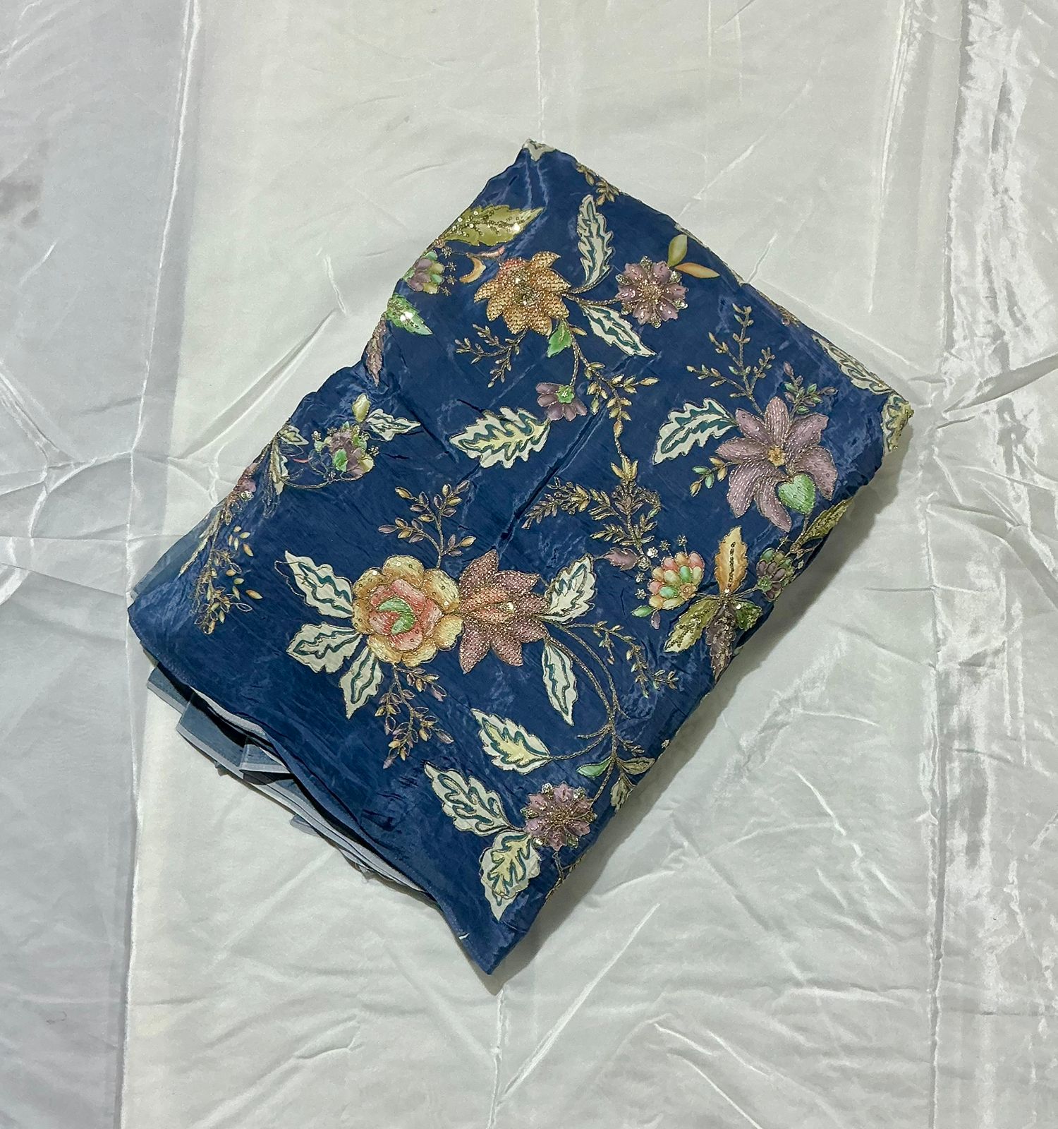 Floral Positional Print Zari Sequins Embroidered Crepe Fabric