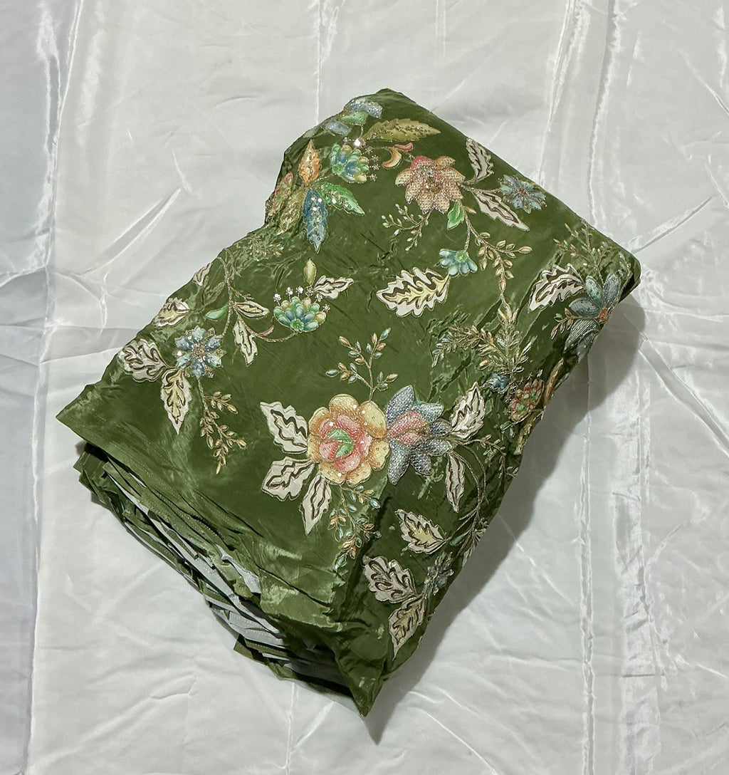 Floral Positional Print Zari Sequins Embroidered Crepe Fabric