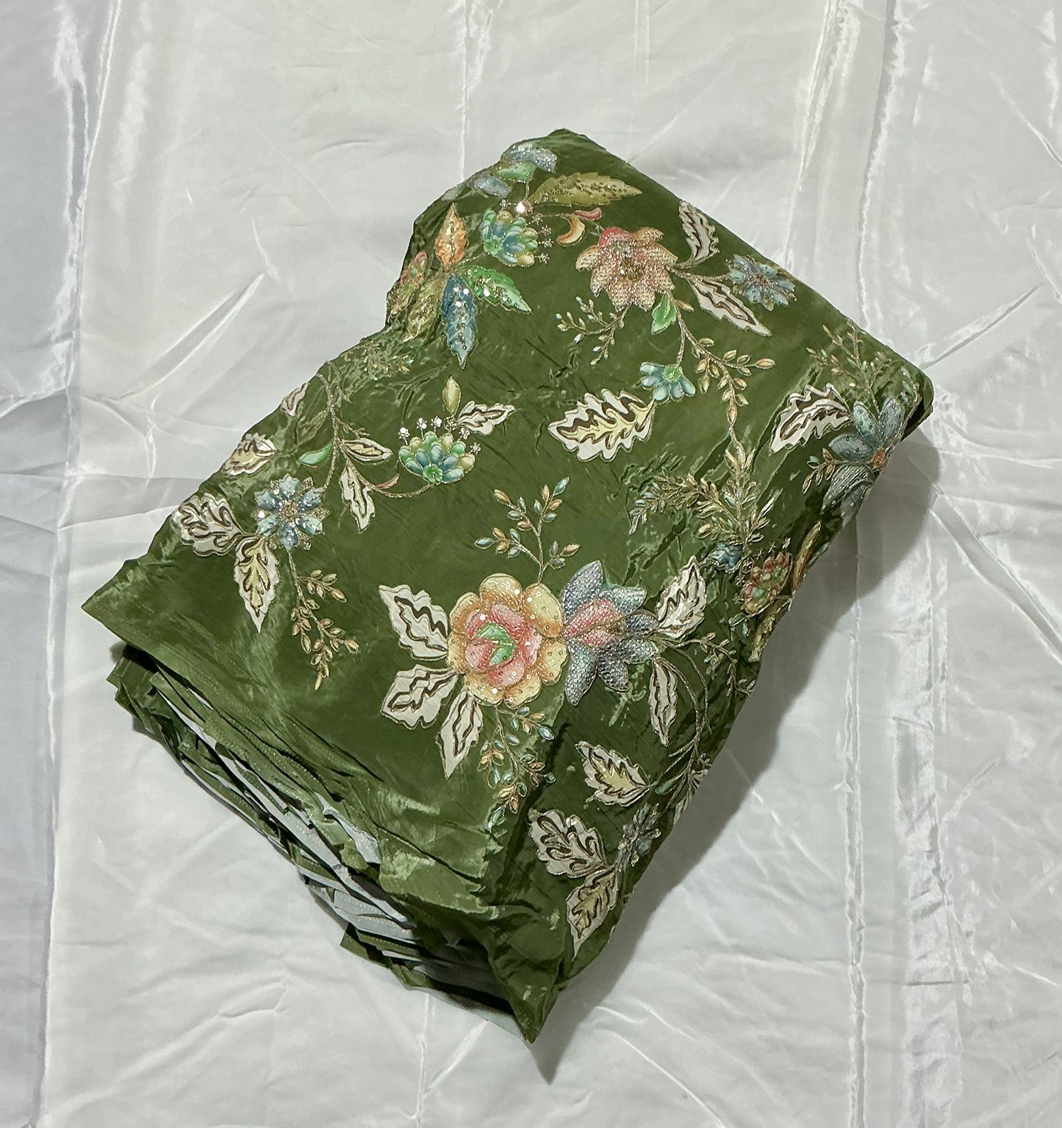 Floral Positional Print Zari Sequins Embroidered Crepe Fabric