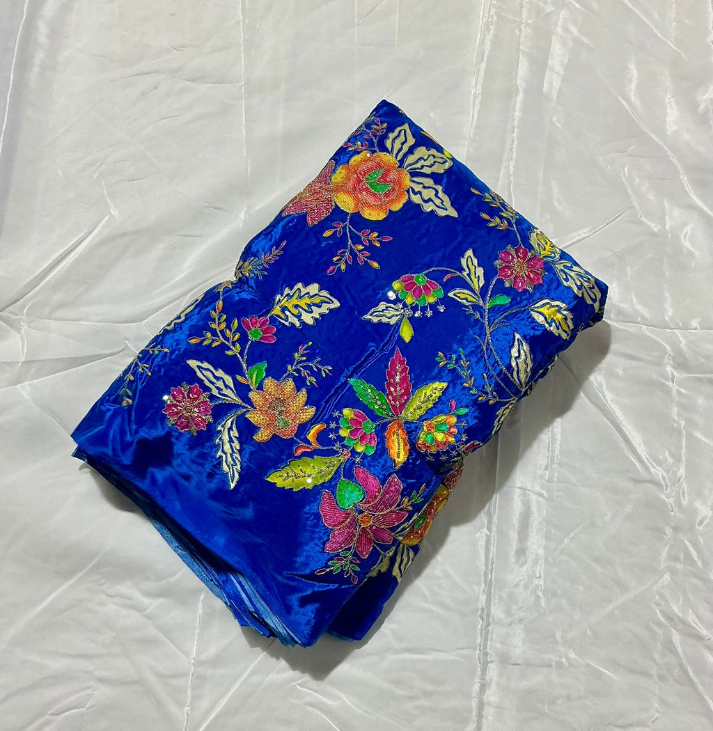 Floral Positional Print Zari Sequins Embroidered Crepe Fabric