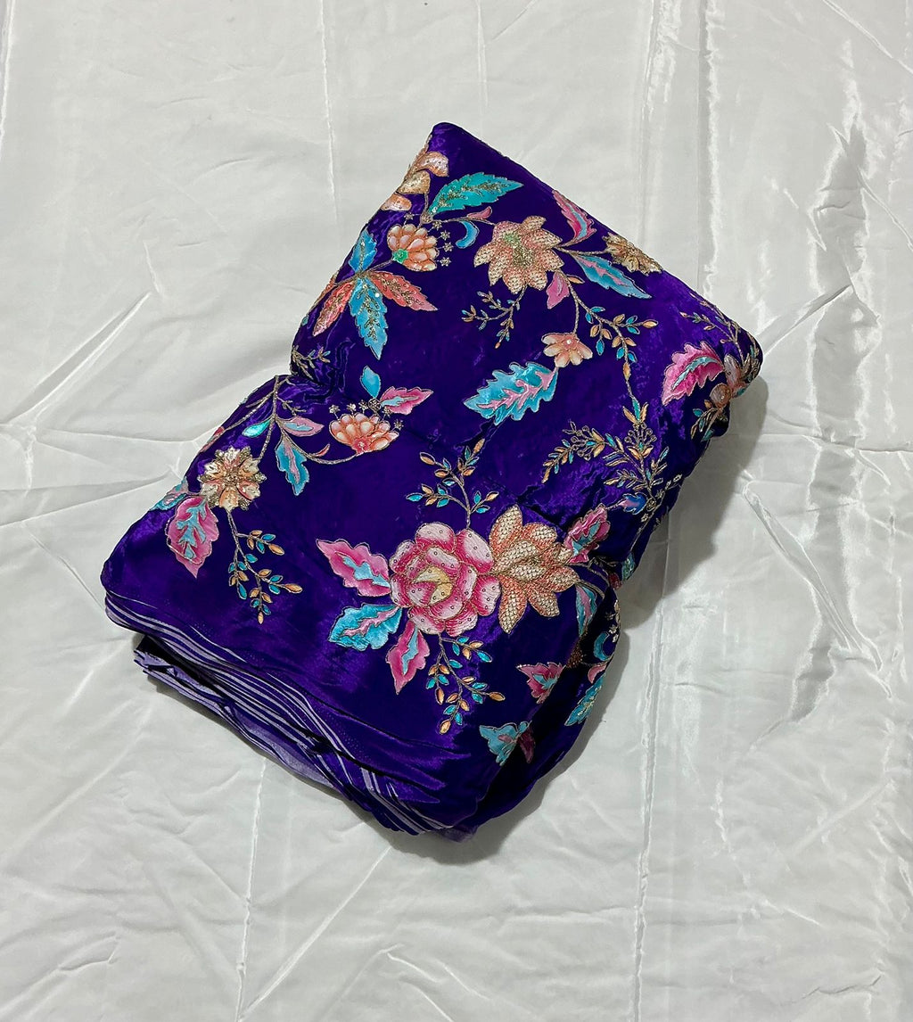 Floral Positional Print Zari Sequins Embroidered Crepe Fabric