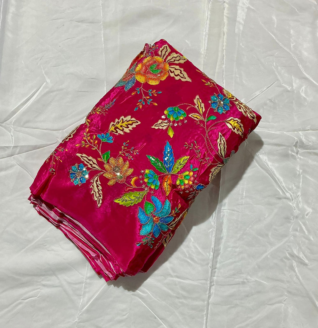 Floral Positional Print Zari Sequins Embroidered Crepe Fabric