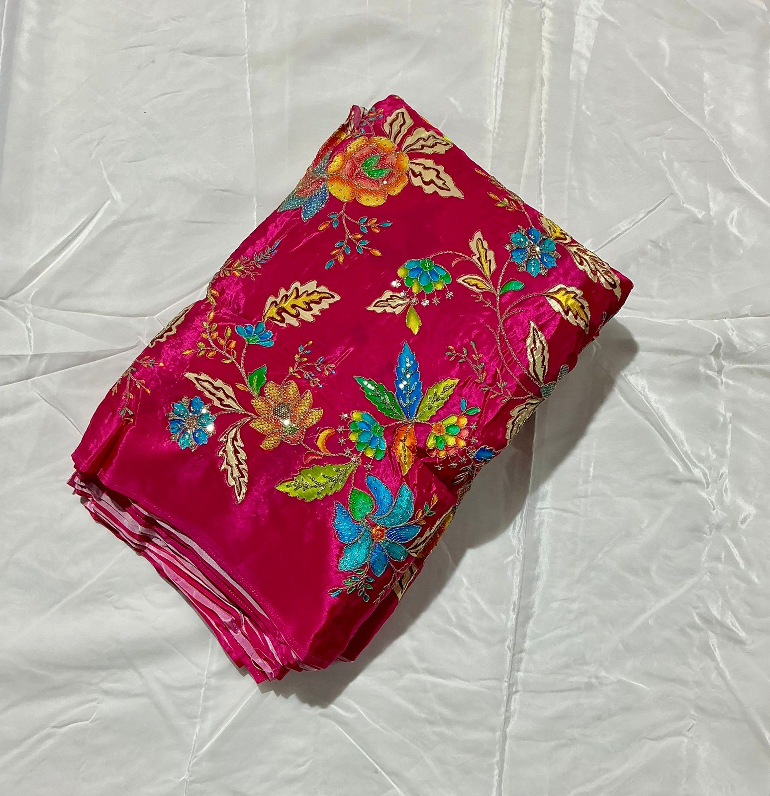 Floral Positional Print Zari Sequins Embroidered Crepe Fabric